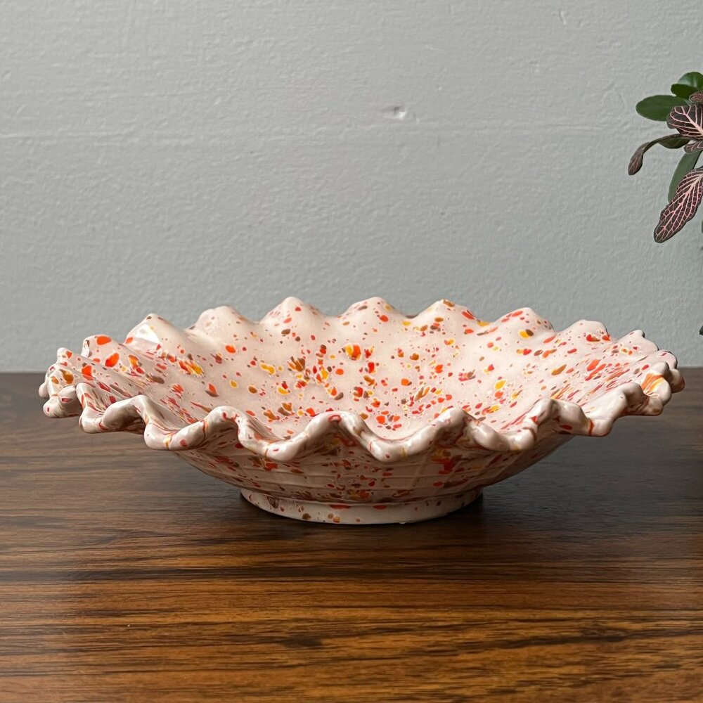 Handmade Studio Art Pottery Ruffled Bowl Signed Robin Mid Century Modern